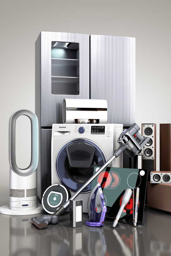 A variety of household appliances, including a refrigerator, washing machine, air purifier, vacuum cleaner, iron, induction cooktop, and audio speakers, displayed together in a sleek and modern setting.